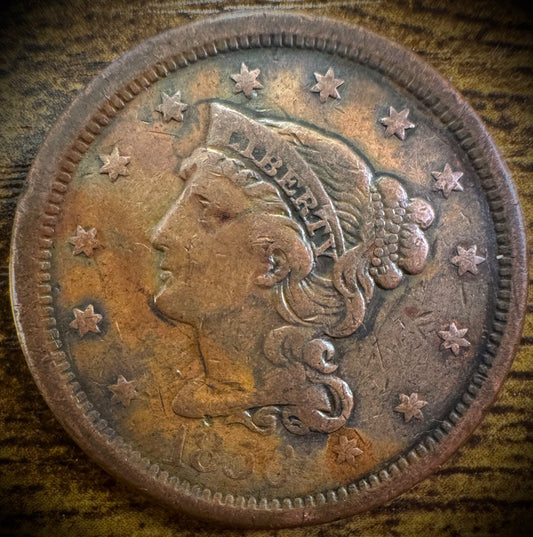 1856 Large Cent Coronet Head Braided Hair Style Slanted 5 BEAUTIFUL TONING0