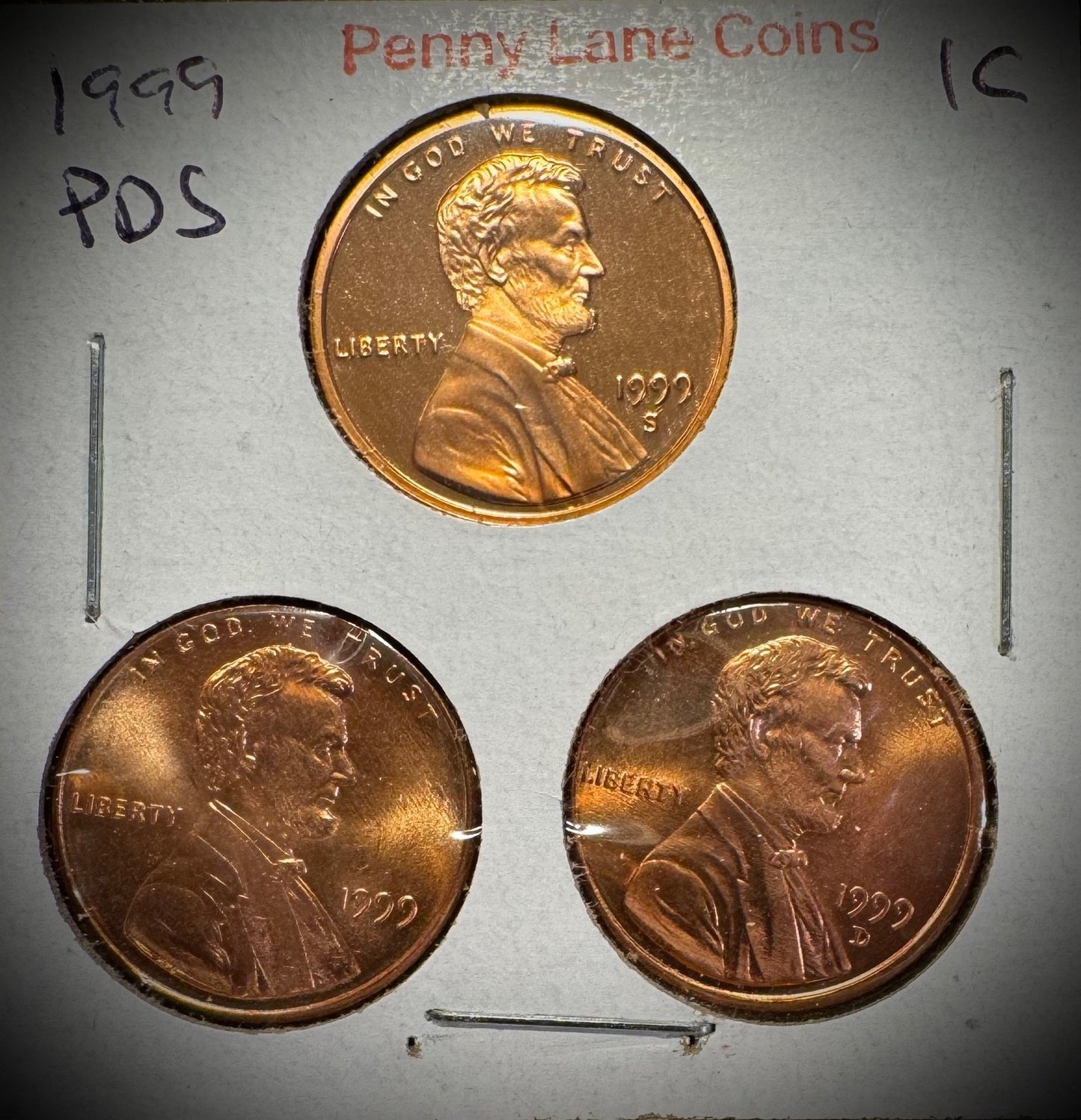 1999 P D S Lincoln Memorial Cent UNCIRCULATED + PROOF 3 Coin Lot0