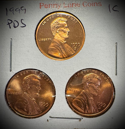 1999 P D S Lincoln Memorial Cent UNCIRCULATED + PROOF 3 Coin Lot0