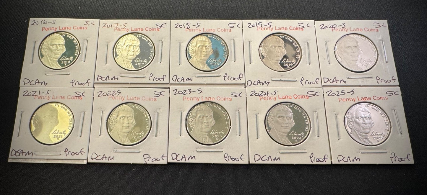 2016-2025 S Jefferson Nickel PROOF DEEP CAMEO Coin Set Lot 10 Consecutive Years8