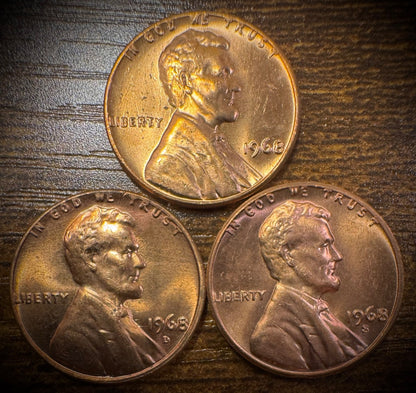 1968 Lincoln Memorial Cent P D S Uncirculated 3 Coin Lot From Original Rolls0