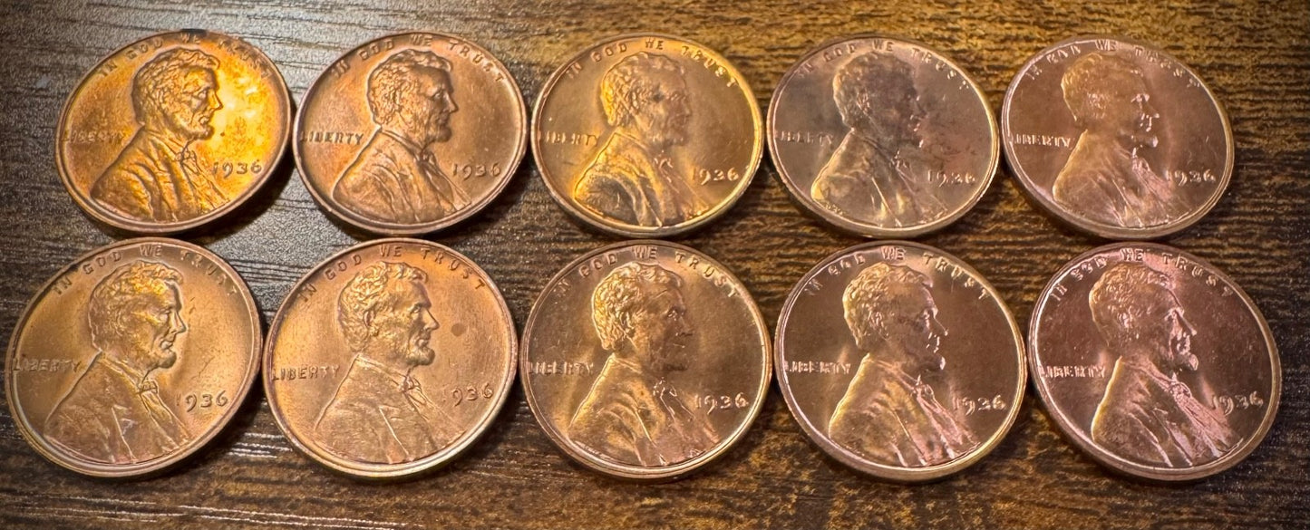 1936 Lincoln Wheat Cent Brilliant Uncirculated Red Lot Of 10 Coins1