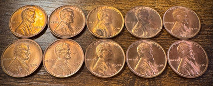 1936 Lincoln Wheat Cent Brilliant Uncirculated Red Lot Of 10 Coins1