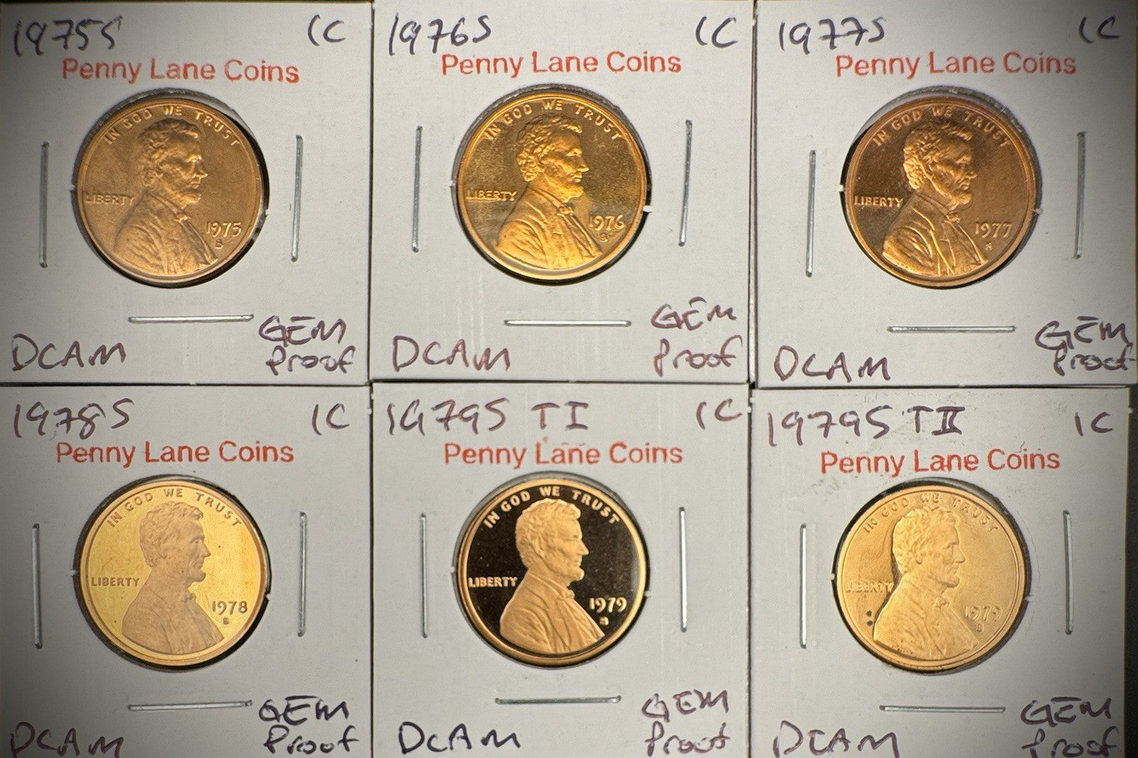 1975 1976 1977 1978 1979 S Type 1 & 2 Lincoln Memorial Gem PROOF Cent 6 Coin Set0
