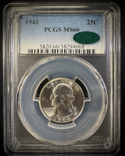 1943 Washington Silver Quarter 25C PCGS CAC MS66 BLAST WHITE0