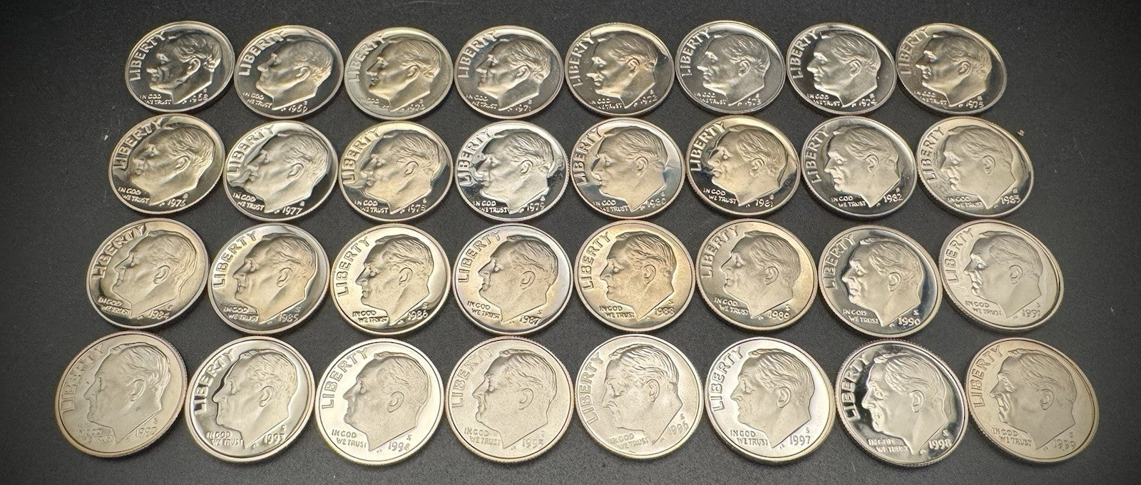 1968-1999 S Roosevelt Dime GEM PROOF Clad 32 Coin 20th Century Collection Set0