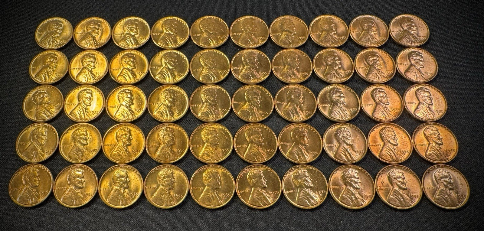 1955-S Lincoln Wheat Cent Penny RED LUSTROUS Uncirculated Roll Of 50 Coins3