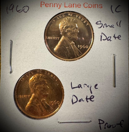 1960 Lincoln Memorial Cent SMALL & LARGE DATEPROOF LUSTROUS2 Coin Lot0