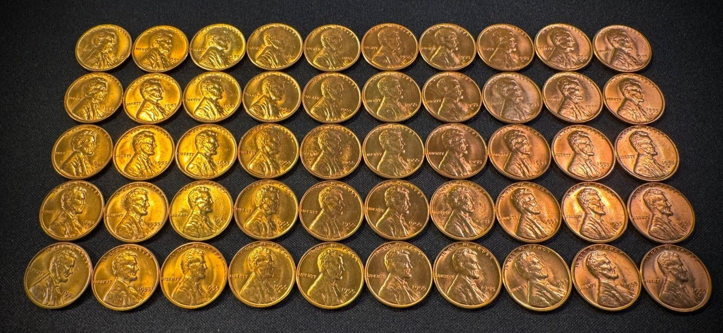 1955-S Lincoln Wheat Cent Penny RED LUSTROUS Uncirculated Roll Of 50 Coins1