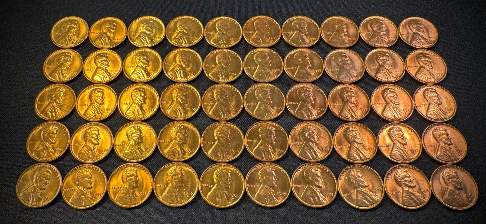 1955-S Lincoln Wheat Cent Penny RED LUSTROUS Uncirculated Roll Of 50 Coins1