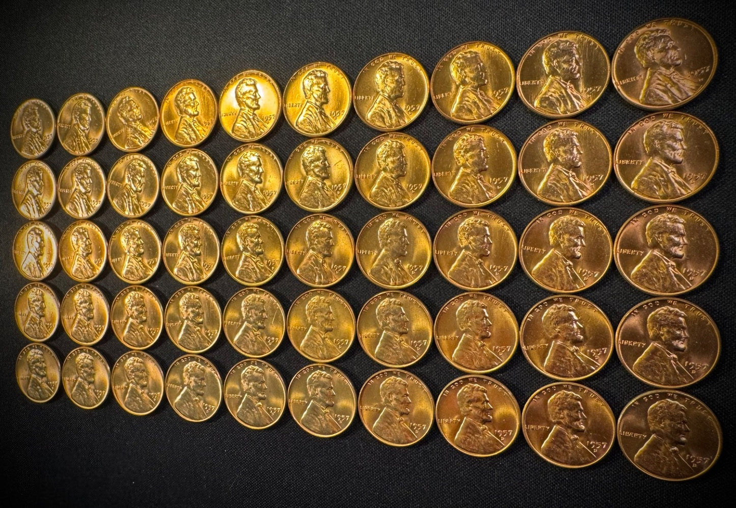 1957-D Lincoln Wheat Cent Penny RED LUSTROUS Uncirculated Roll Of 50 Coins2