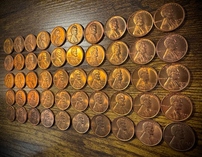 1949-D Lincoln Wheat Cent Penny Red Lustrous BU Uncirculated Roll Of 50 Coins1