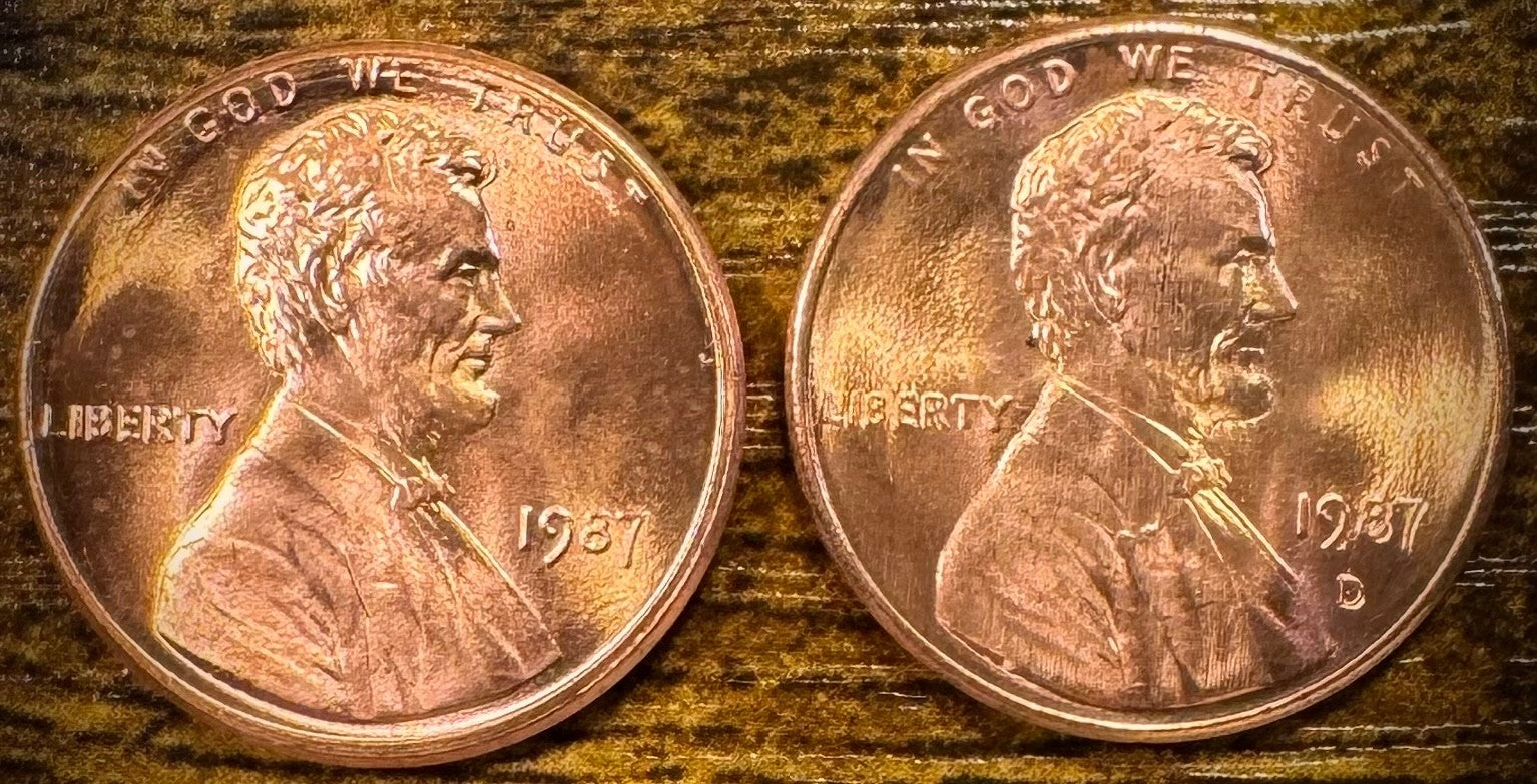 1987 P & D Lincoln Memorial Cent BU 2 Coin Set From Original Rolls0