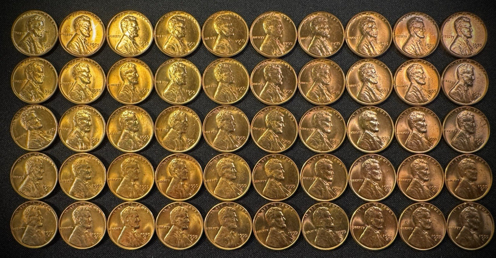 1955-S Lincoln Wheat Cent Penny RED LUSTROUS Uncirculated Roll Of 50 Coins1