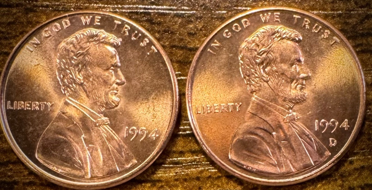 1994 P & D Lincoln Memorial Cent BU 2 Coin Set From Original Rolls0