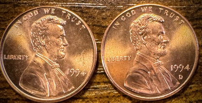 1994 P & D Lincoln Memorial Cent BU 2 Coin Set From Original Rolls0