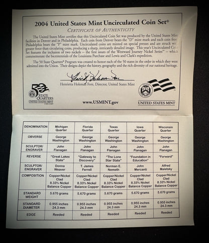 2004 P D Uncirculated Coin Set US Mint Original Government Packaging OGP & COA6