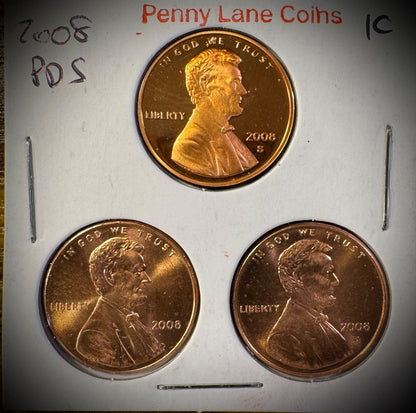 2008 P D S Lincoln Memorial Cent UNCIRCULATED + PROOF 3 Coin Lot Last Memorial0