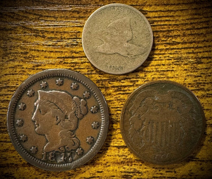 1847 Large Cent 1857 Flying Eagle 1864 Two Cent Lot Of 3 Obsolete Type Coins #20