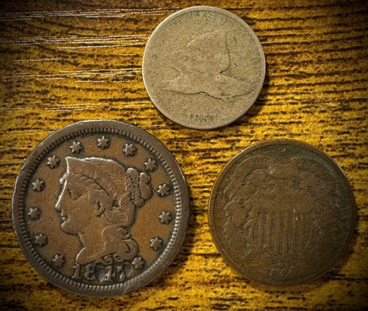 1847 Large Cent 1857 Flying Eagle 1864 Two Cent Lot Of 3 Obsolete Type Coins #20