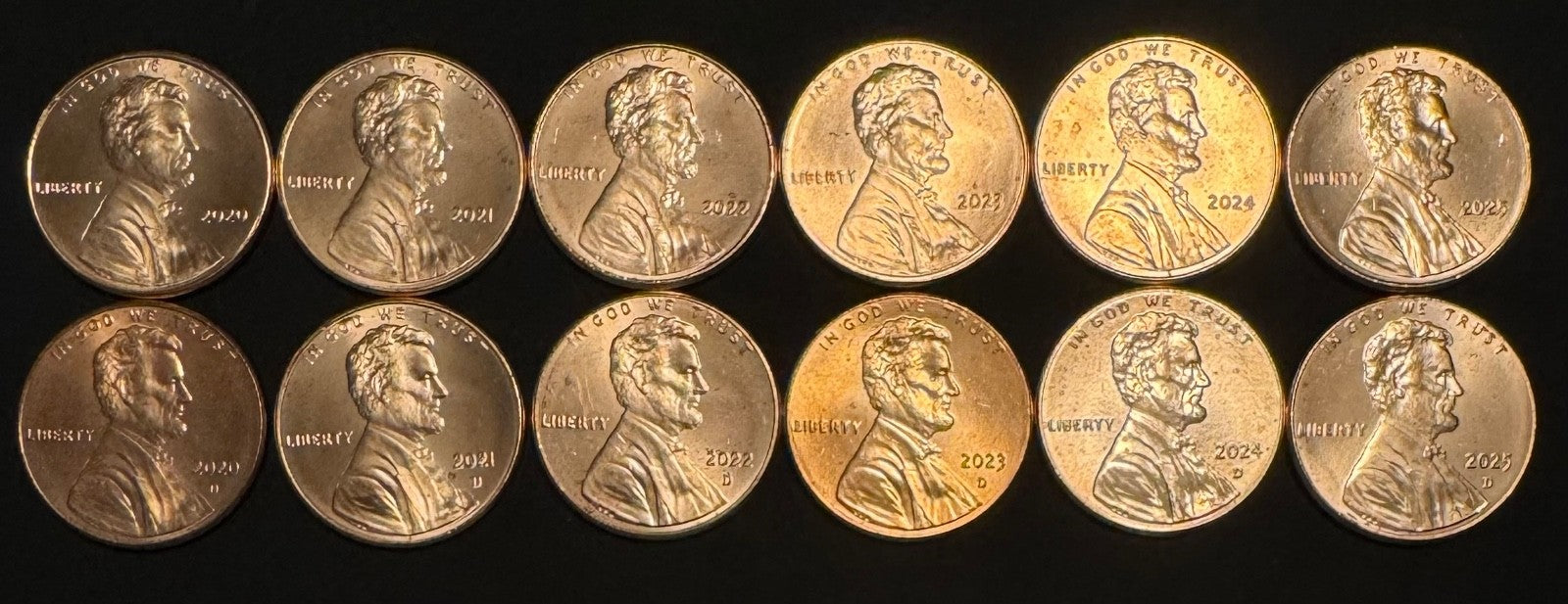 2020-2025 Lincoln Shield Cent P D Uncirculated 12 Coin Lot From Original Rolls0