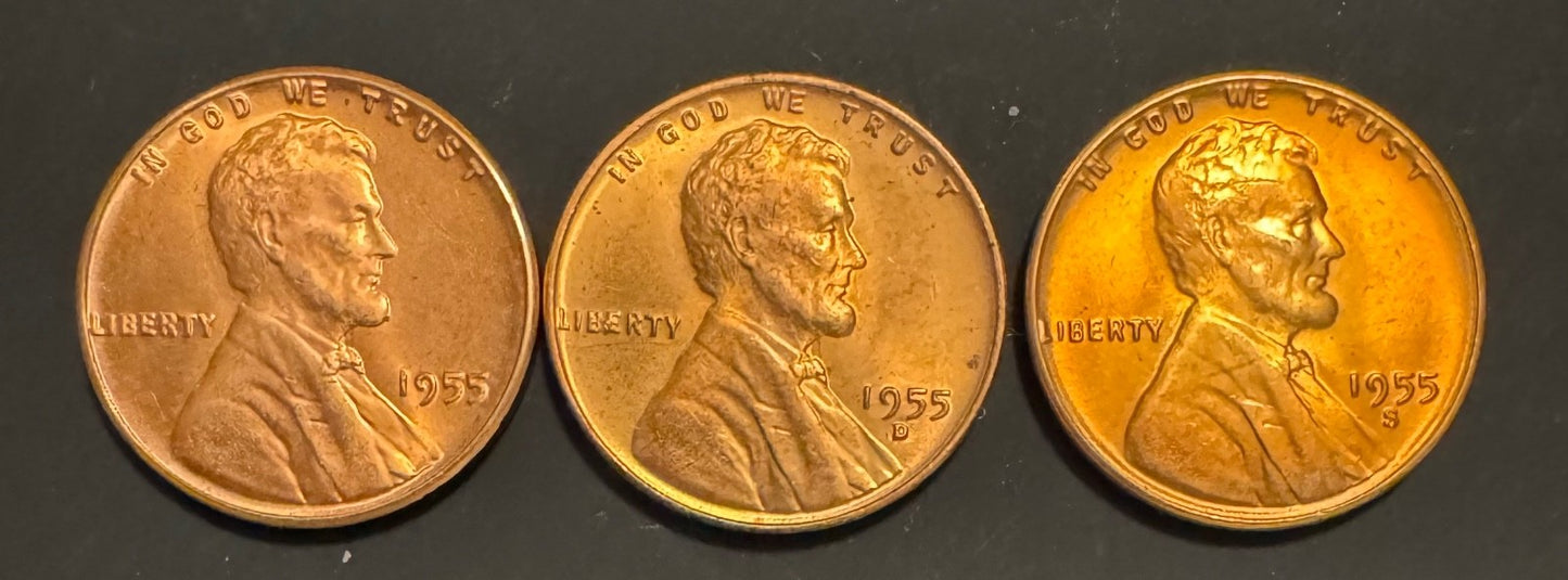 1955 Lincoln Wheat Cent P D S Uncirculated BU 3 Coin Lot From Original Rolls0