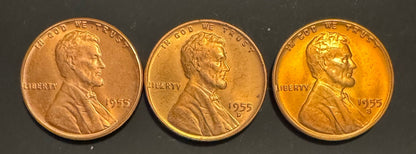 1955 Lincoln Wheat Cent P D S Uncirculated BU 3 Coin Lot From Original Rolls0
