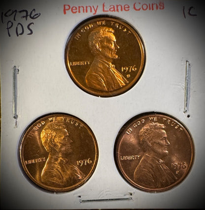 1976 P D S Lincoln Memorial Cent UNCIRCULATED + PROOF 3 Coin Lot US Bicentennial0