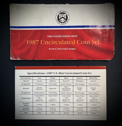 1987 P D Uncirculated Coin Set US Mint Original Government Packaging OGP & COA5