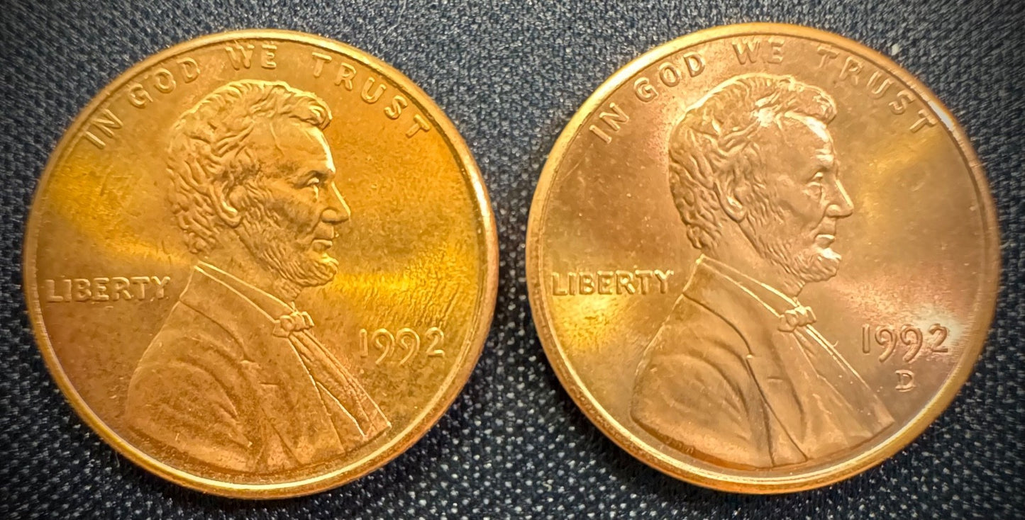 1992 P & D Lincoln Memorial Cent BU 2 Coin Set From Original Rolls0