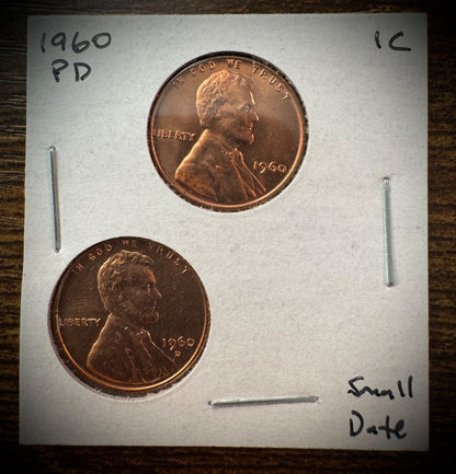 1960 P & D Lincoln Memorial Cent Small Date BU 2 Coin Set From Original Rolls0