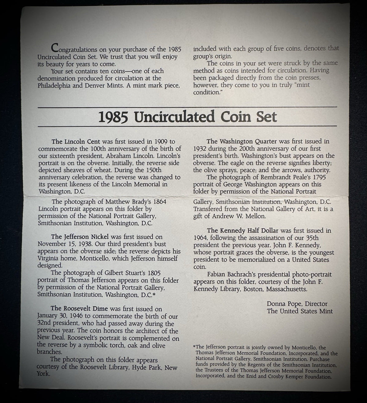 1985 P D Uncirculated Coin Set US Mint Original Government Packaging OGP & COA6