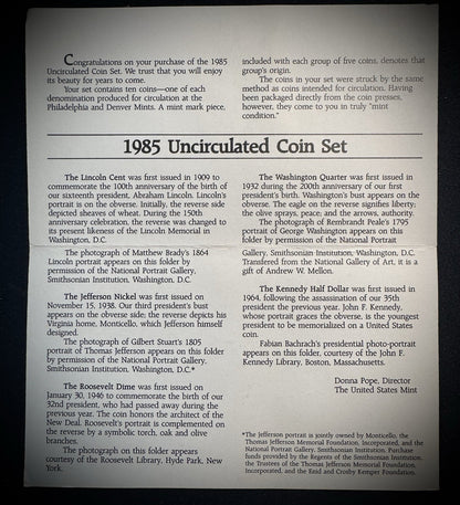 1985 P D Uncirculated Coin Set US Mint Original Government Packaging OGP & COA6