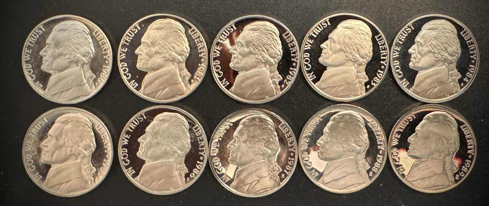 1980-1989 S Jefferson Nickel PROOF 10 Coin Collection From US Mint Proof Sets0