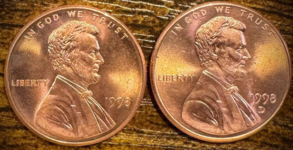 1998 P & D Lincoln Memorial Cent BU 2 Coin Set From Original Rolls0
