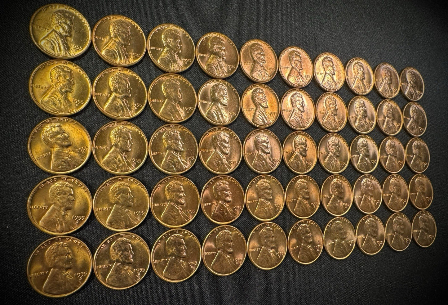 1955-S Lincoln Wheat Cent Penny RED LUSTROUS Uncirculated Roll Of 50 Coins5