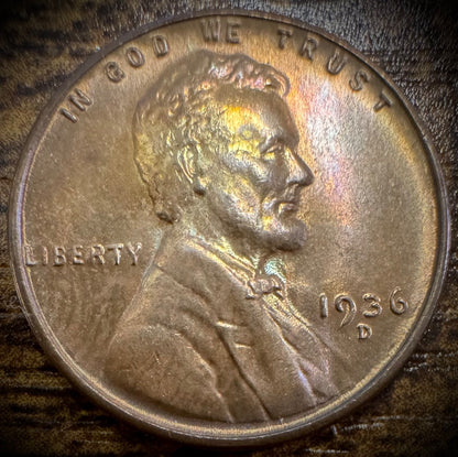 1936-D Lincoln Wheat Penny Cent Uncirculated MULTI-COLORED TONING0