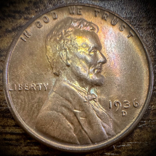1936-D Lincoln Wheat Penny Cent Uncirculated MULTI-COLORED TONING0