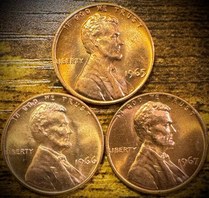 1965-1967 Lincoln Memorial Cent Uncirculated BU 3 Coin Lot From Original Rolls0