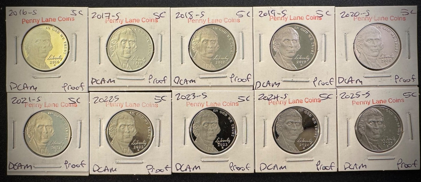 2016-2025 S Jefferson Nickel PROOF DEEP CAMEO Coin Set Lot 10 Consecutive Years0