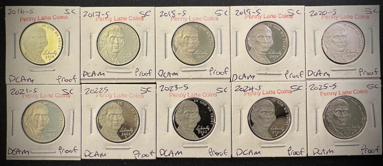 2016-2025 S Jefferson Nickel PROOF DEEP CAMEO Coin Set Lot 10 Consecutive Years0