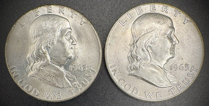 1963 P D Franklin Half Dollar BU Brilliant Uncirculated Lot of 2 90% Silver0