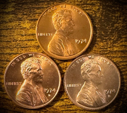 1974 Lincoln Memorial Cent P D S Uncirculated 3 Coin Lot From Original Rolls0