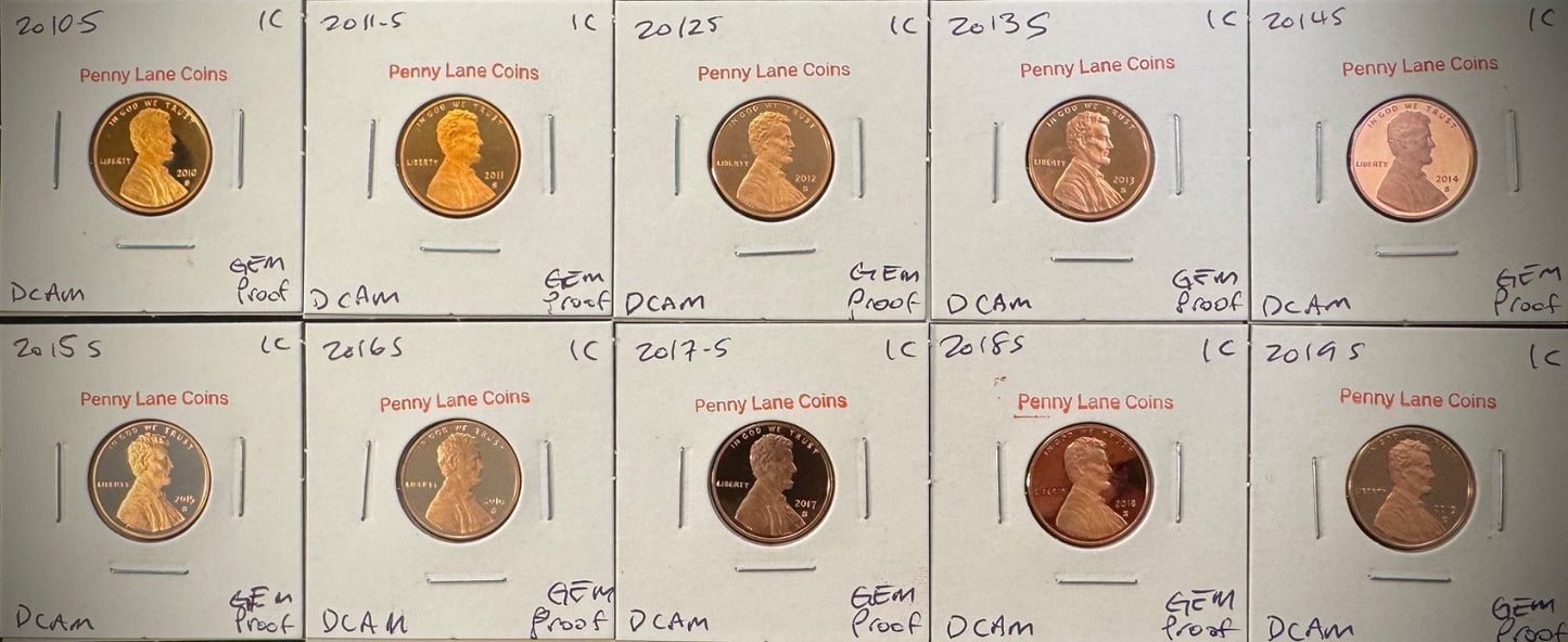 2010-2019 S Lincoln Shield Cent GEM PROOF 10 Coin CONSECUTIVE Years Lot Set3