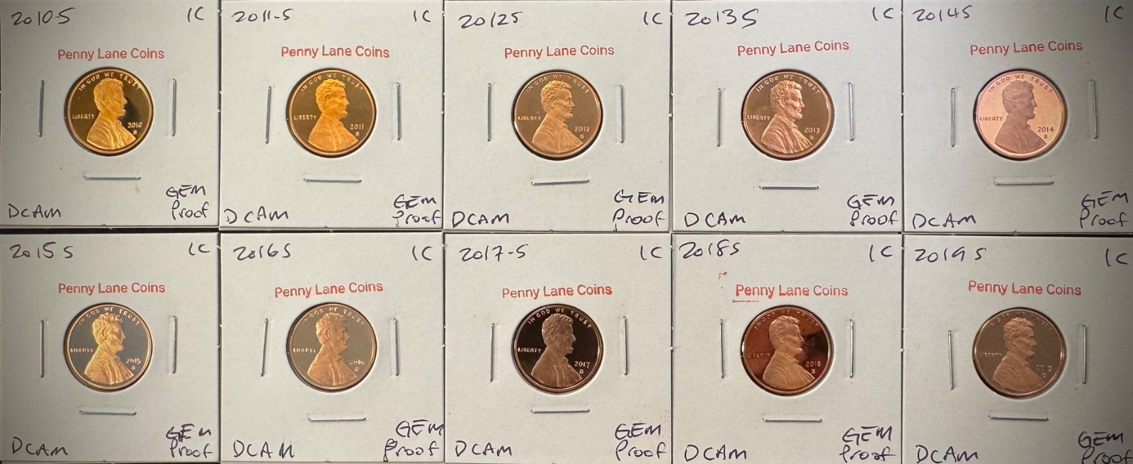 2010-2019 S Lincoln Shield Cent GEM PROOF 10 Coin CONSECUTIVE Years Lot Set3