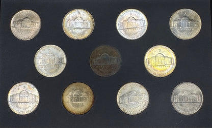 1942-1945 US Wartime Silver Nickel TONED BU Set 11 Coins Capitol Plastic Holder1