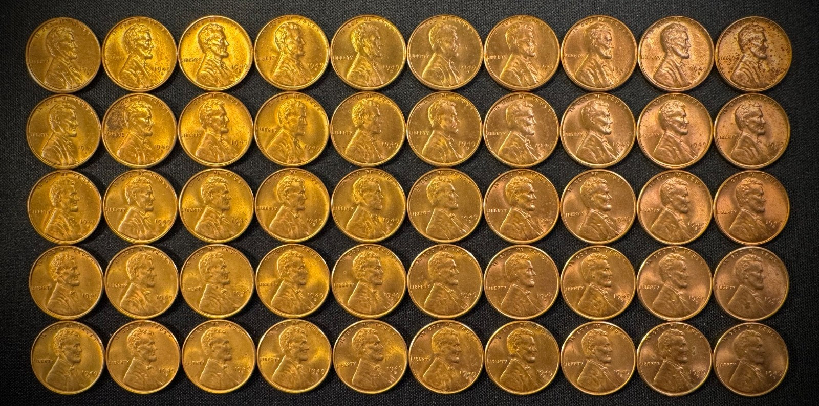 1949-S Lincoln Wheat Cent Penny Red Uncirculated Roll Of 50 Coins0