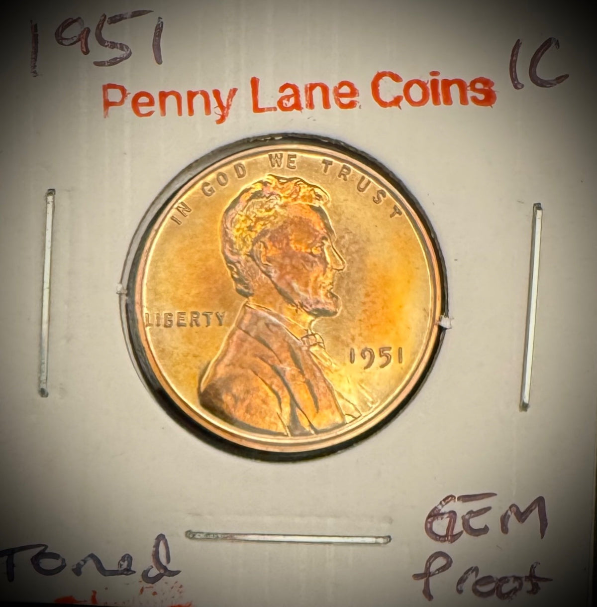 1951 Lincoln Wheat Cent MULTICOLORED TONED GEM PROOF 2