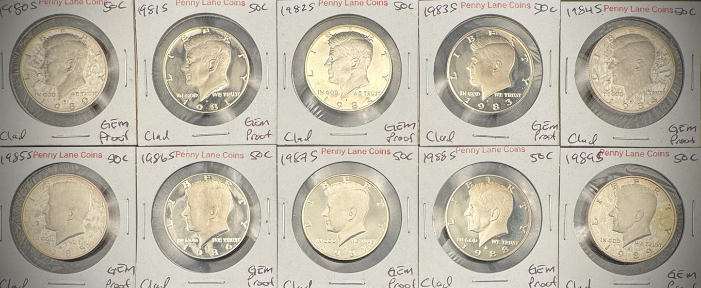 1980-1989 S Kennedy Half Dollar GEM PROOF DEEP ULTRA CAMEO Set Lot Of 10 Coins0