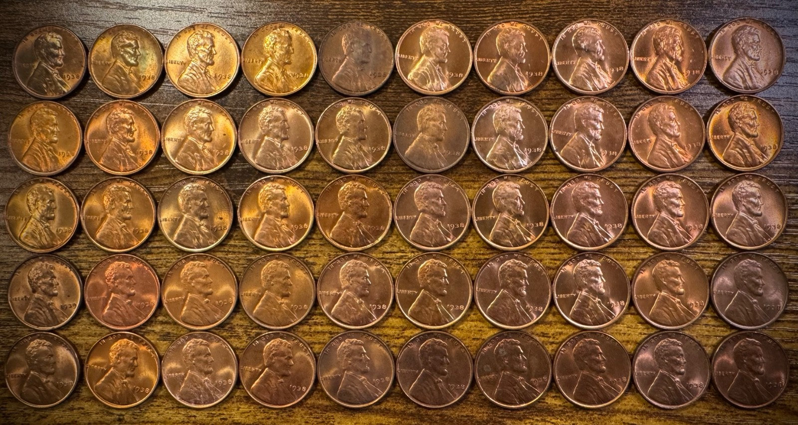 1938 Lincoln Wheat Cent Mostly Red Uncirculated Roll Of 50 Coins0
